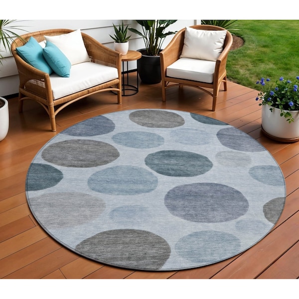 Homeroots 8' Blue And Gray Round Geometric Washable Indoor Outdoor Area Rug 630563 - main