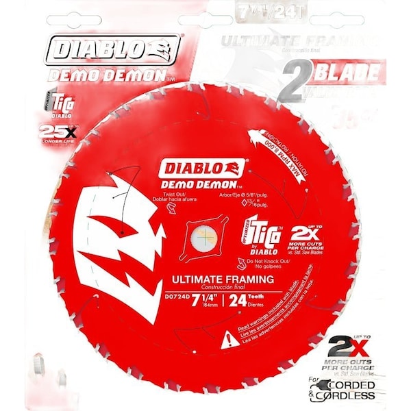 Diablo Demo Demon Circular Saw Blade, 7-1/4 in Dia, 5/8 in Arbor, 24-Teeth, Carbide Cutting Edge, 2PK D0724DVPX - main