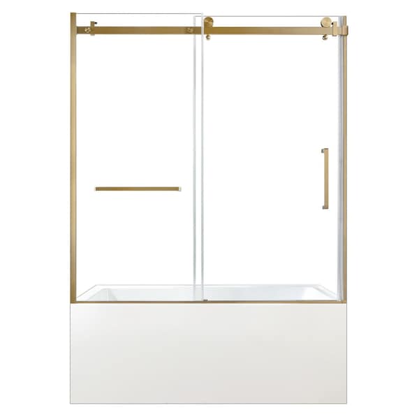 Kingston Brass 60" Acrylic Anti-Skid Alcove Left-Hand Drain Tub with Right Sliding Tub Door, White/Brushed Brass KVTAP6031L22T7 - main