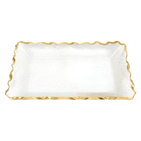 Homeroots 14in Clear and Gold Bubble Glass Scalloped Rim Rectangular Tray 390098 - main