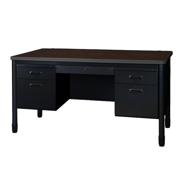 Regency Steel Double Pedestal Teacher's Office Desk, Center Drawer 60inx30in, Neo Walnut Top, Black Base 66266DPCDNWBK - main