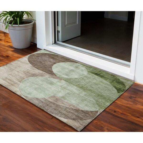 Homeroots 3' X 5' Artichoke Green Brown And Beige Geometric Washable Indoor Outdoor Area Rug 604899 - main