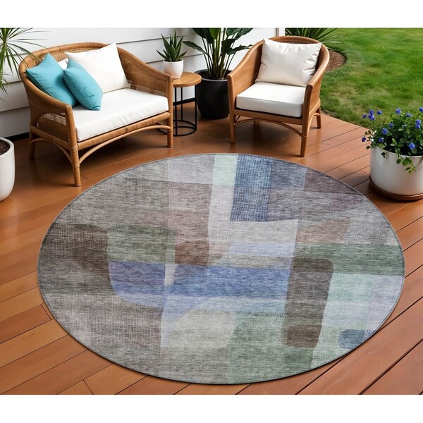 Homeroots 8' Brown Green And Blue Round Abstract Washable Indoor Outdoor Area Rug 604278 - main