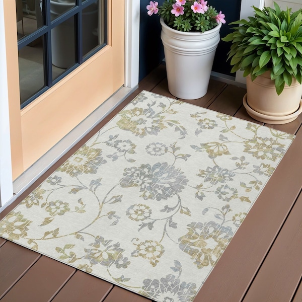 Homeroots 3' X 5' Ivory Gray And Gold Floral Washable Indoor Outdoor Area Rug 589476 - main