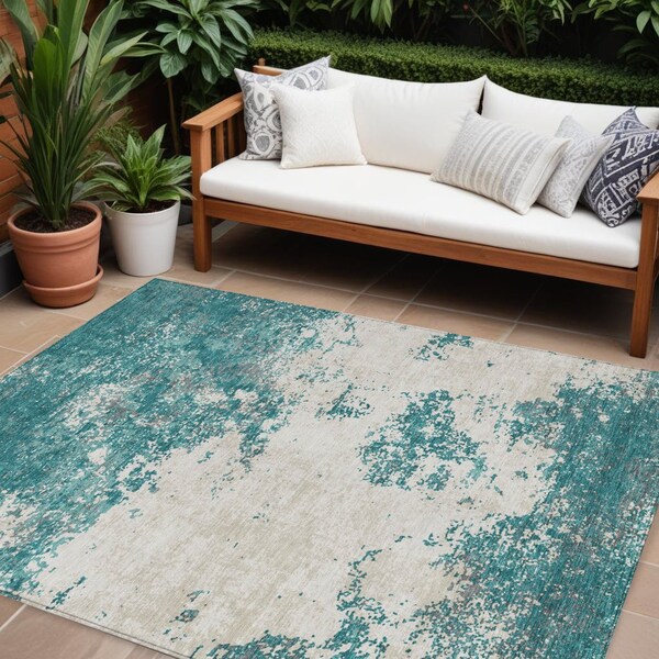 Homeroots 10' X 14' Teal Blue Ivory And Gray Abstract Washable Indoor Outdoor Area Rug 599525 - main