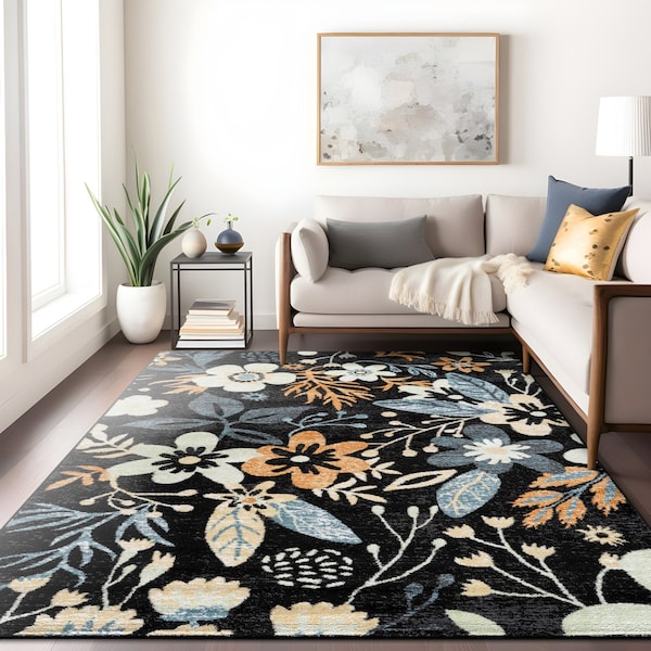 World Rug Gallery Garden Floral Area Rug 7 ft 10 in x 10 ft Black WR147BLACK8X10 - main