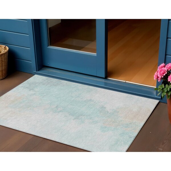 Homeroots 3' X 5' Pale Aqua Beige And Ivory Abstract Washable Indoor Outdoor Area Rug 617413 - main