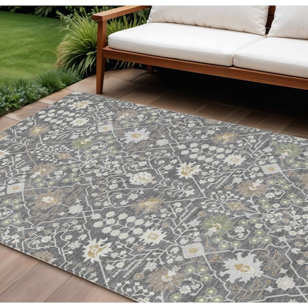 Homeroots 9' X 12' Charcoal Ivory And Green Oriental Washable Indoor Outdoor Area Rug 598032 - main