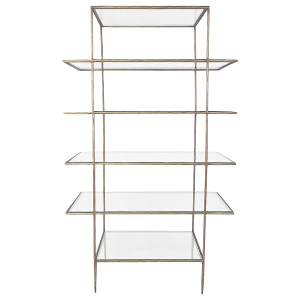 Homeroots 59" Antiqued Gold And Clear Iron and Glass Five Tier Etagere Bookcase 488874 - main