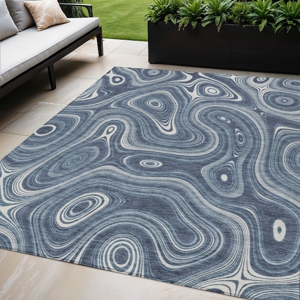 Homeroots 5' X 8' Blue And Ivory Geometric Washable Indoor Outdoor Area Rug 631378 - main