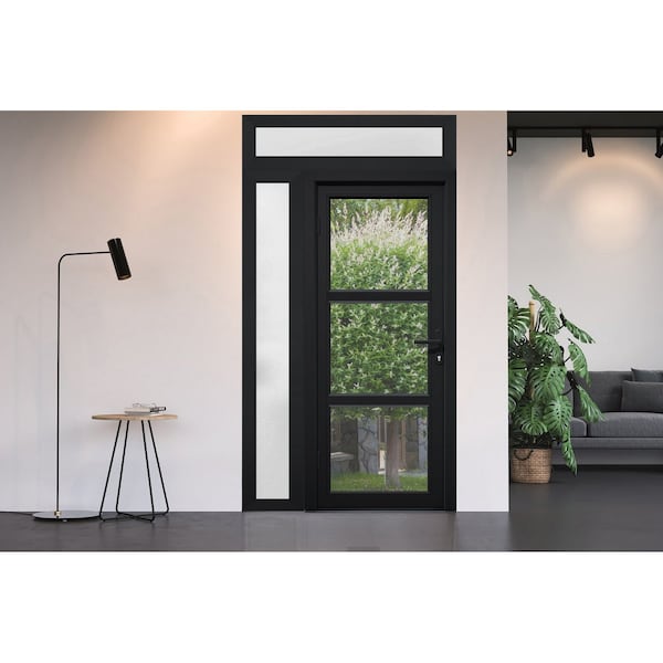 Vdomdoors Front Exterior Prehung FiberGlass Door Clear Glass See-through / Manux 8555 Matte Black Clear Glass MANUX8555EXD-BLK-W30+16 x H80-LH - main