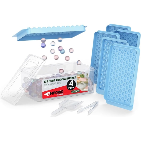Emporio Kitchen Round Ice Cube Tray Set Pack of 4, BPA-Free, 104 Ice Balls per Tray, Lid & Tongs, Blue EMPICES149.6 - main