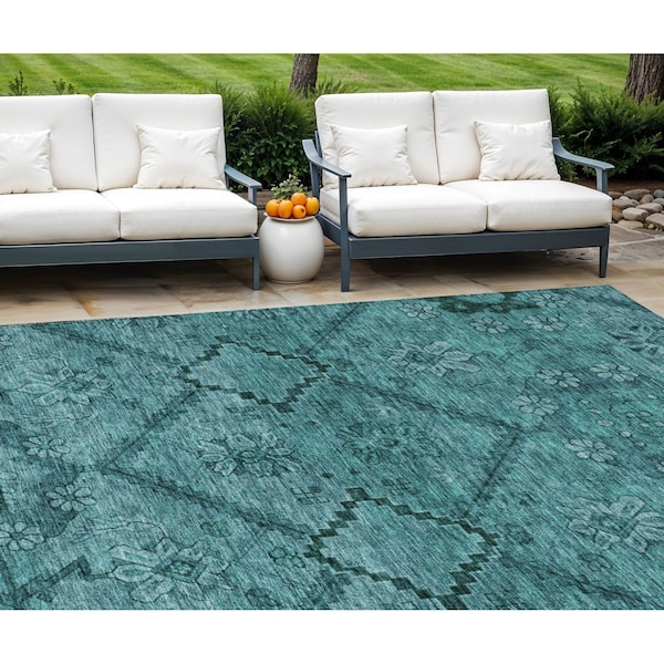 Homeroots 10' X 14' Teal Blue And Aqua Floral Washable Indoor Outdoor Area Rug 588917 - main