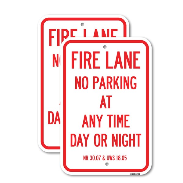 Signmission Wisconsin Fire Lane No Parking at Anytime Day or Night, 18'' X 24'', Heavy Gauge Aluminum, 2PK A-1824-2PACK-22702 - main