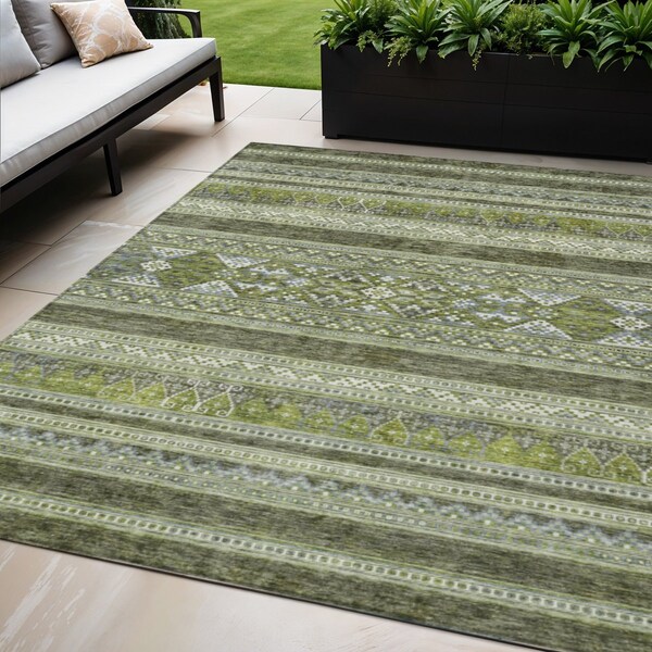 Homeroots 5' X 8' Olive Green And Artichoke Green Southwestern Washable Indoor Outdoor Area Rug 582837 - main