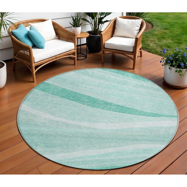 Homeroots 8' Aqua And Sky Blue Round Abstract Washable Indoor Outdoor Area Rug 603703 - main
