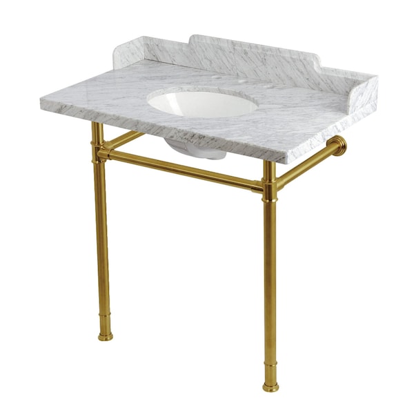 Kingston Brass 36-Inch Carrara Marble Console Sink with Stainless Steel Legs, 8-Inch, 3-Hole KMS36228M387 - main