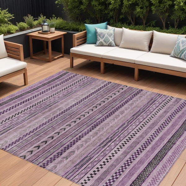 Homeroots 9' X 12' Plum And Lilac Striped Washable Indoor Outdoor Area Rug 615360 - main