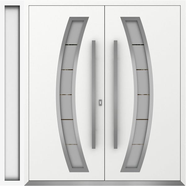 Vdomdoors Metal Double Doors Deux 6500 White Enamel Frosted Glass 1 Sidelight Entry Modern Painted 86x96 (W72 DEUX6500DEXD-BEM-W72+14xH96-LH-I - main