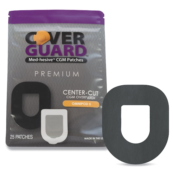Coverguard CGM Overpatch, Omnipod 5 Insulin Pod, Black Center-cut Design, Waterproof Adhesive, Anti-Fray, 25PK 101-300B - main