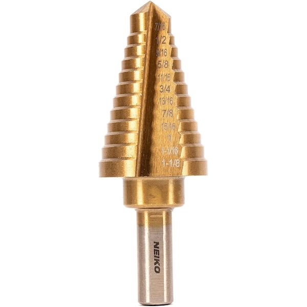 Neiko Titanium Step Drill Bit, High-Speed Alloy Steel Bit, 12 Step Sizes from 7/16 Inches to 1 1/8 Inches 10189A - main