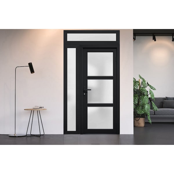 Vdomdoors Front Exterior Prehung FiberGlass Door Frosted Glass / Manux 8552 Matte Black / Sidelight and Trans MANUX8552EXD-BLK-W30+14 x H80+14-LH - main