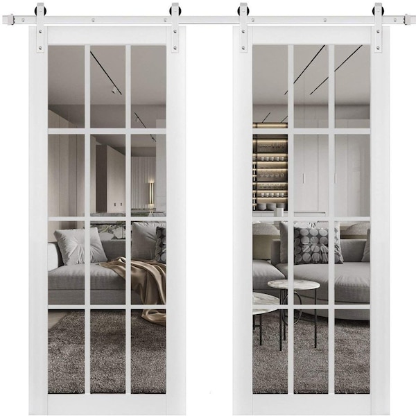 Sartodoors Sturdy Double Barn Door with Clear Glass 12 lites, Felicia 3355 Matte White, 13FT Rail Hangers Hea FELICIA3355DB-S-WS-48 - main