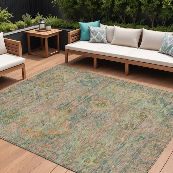 Homeroots 10' X 14' Green Teal Blue And Mauve Floral Medallion Washable Indoor Outdoor Area Rug 616621 - main