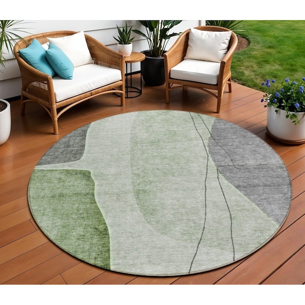 Homeroots 8' Olive Green And Gray Round Abstract Washable Indoor Outdoor Area Rug 582016 - main