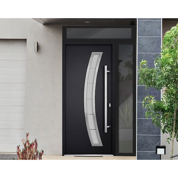 Vdomdoors Steel Door Deux 6500 Black Sidelight and Transom Window Stainless Inserts Single Modern Painted-W36 DEUX6500EXD-BLK-W36+12 x H80+16-Left-hand Inswing - main