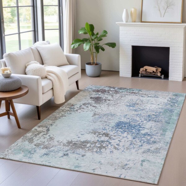 Homeroots 3' X 5' Turquoise Denim Blue And Gray Abstract Washable Indoor Outdoor Area Rug 630813 - main