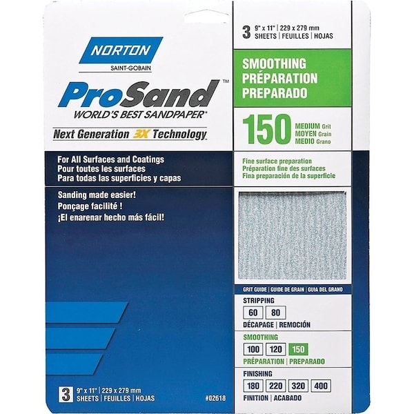 Norton Co ProSand 07660768160 Sanding Sheet, 11 in L, 9 in W, Medium, 150 Grit, Aluminum Oxide Abrasive 2618 - main