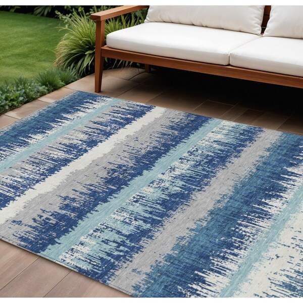 Homeroots 8' X 10' Blue Gray And Ivory Striped Washable Indoor Outdoor Area Rug 598331 - main