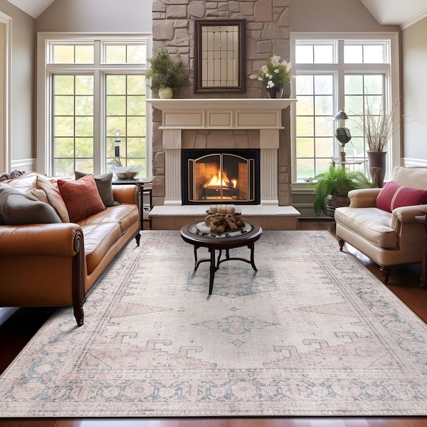 World Rug Gallery Vintage Bohemian Machine Washable Non Slip Area Rug 9 ft x 12 ft Beige 6024BEIGE9X12 - main