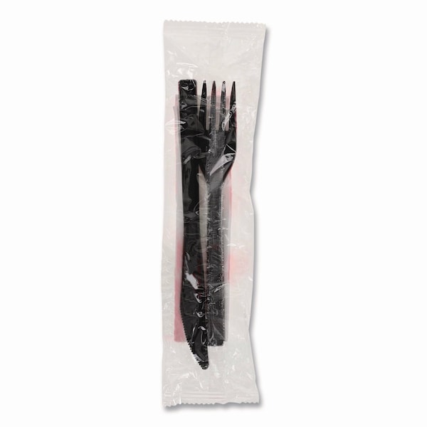 Pactiv Evergreen Gardenware Cutlery Kit, Individually Wrapped, Heavyweight, Fork/Knife/Napkin, Plastic, Black, 500PK GKFKNECH - main
