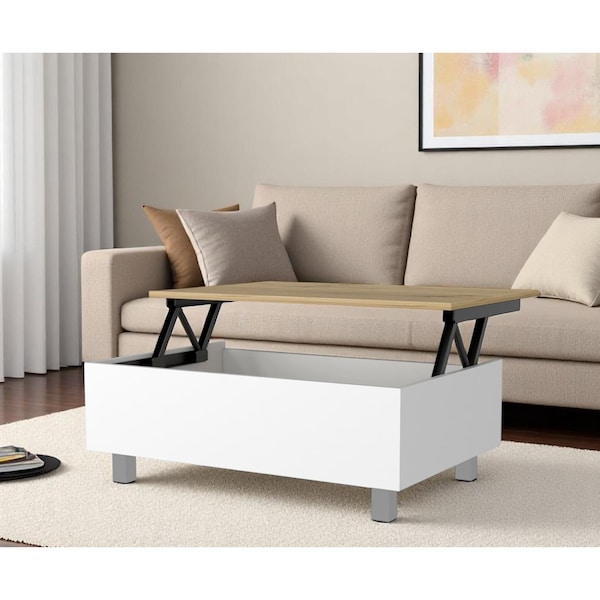 Homeroots 32" White And Oak Brown Wood and Metal Lift Top Coffee Table 535051 - main