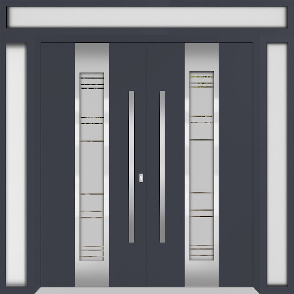 Vdomdoors Metal Double Doors Deux 0757 Gray Graphite Frosted Glass 2 Sidelights and Top Transom Entry Modern DEUX0757DEXD-GRE-W14+72+14xH96+14-RH-I - main