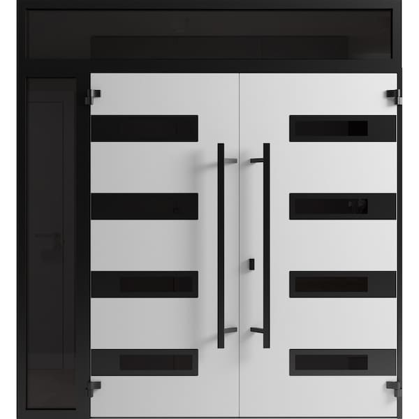 Vdomdoors Front Exterior Prehung Aluminum Double Doors Ronex0131 Grey Top Transom Mirrored Clear Glass Entry RONEX0131DEXD-GRE-W72+14xH96+14-LH-O - main