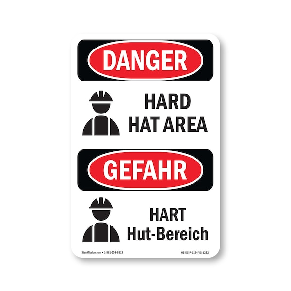 Signmission OSHA Danger Sign, Hard Hat Area Bilingual, 24in X 18in Rigid Plastic, OS-DS-P-1824-VG-1292 OS-DS-P-1824-VG-1292 - main