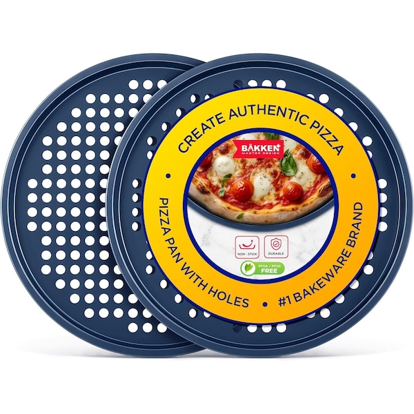 Bakken- Swiss BAKKEN Pizza Pan, Round Perforated, Nonstick Marble Coating, Dishwasher Safe, Blue, 2PK BAKPIZRB2 - main