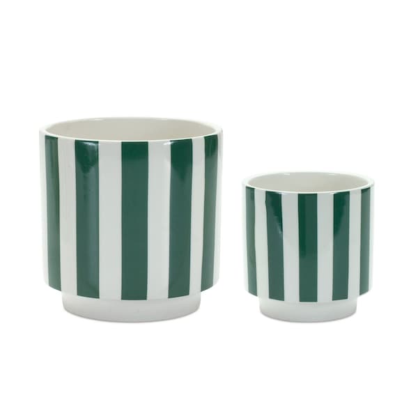 Homeroots Set of Two Green And White Dolomite Striped 4 Ounce Round Pot Planters, 2PK 517987 - main