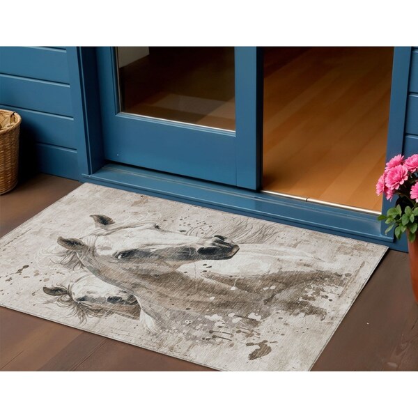 Homeroots 3' X 5' Ivory And Gray Horse Washable Indoor Outdoor Area Rug 618685 - main