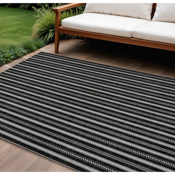 Homeroots 9' X 12' Black And Ivory Striped Washable Indoor Outdoor Area Rug 595851 - main