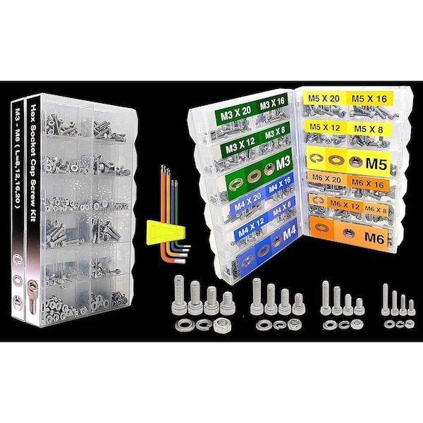880-Piece Metric Socket Head Screw Assortment - M2 M3 M4 M5 Bolts, Nuts, Washers, Stainless Steel