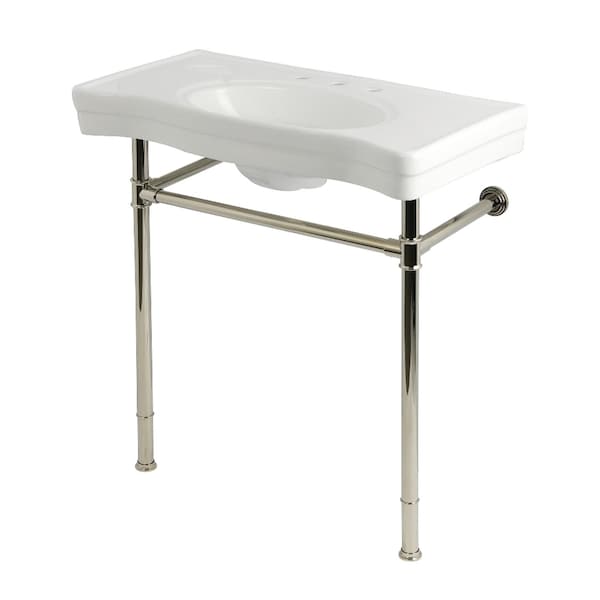 Kingston Brass 36" Ceramic Console Sink with Stainless Steel Legs, 8-Inch, 3-Hole, White/Polished Nickel KVPB36198W86 - main