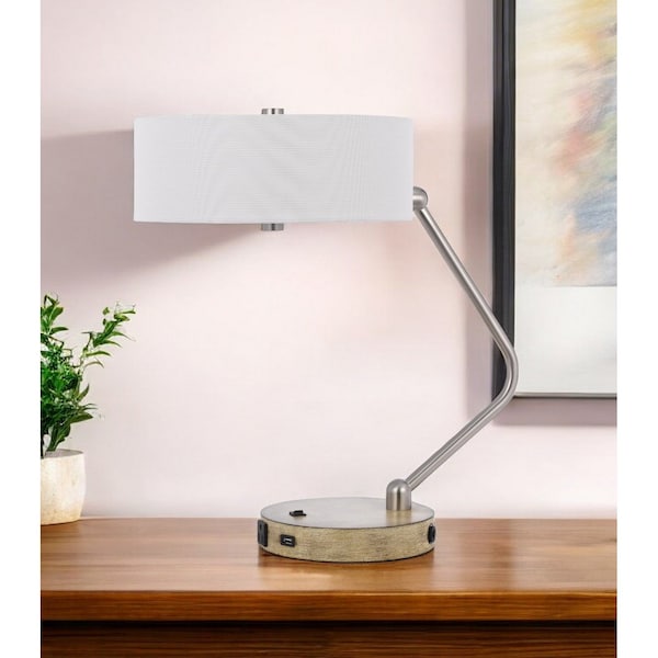 Homeroots 20" Brown Metal Two Light Lantern Desk USB Table Lamp With White Drum Shade 524743 - main