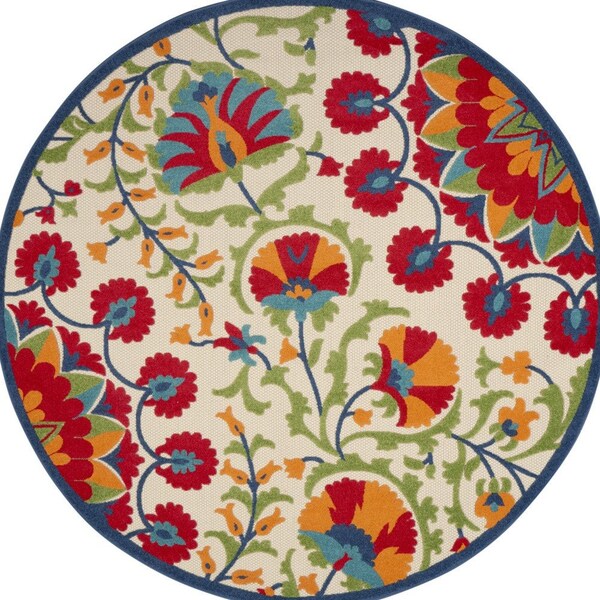Homeroots 8' Navy Blue Beige Green Blue And Red Round Floral Indoor Outdoor Area Rug 546786 - main