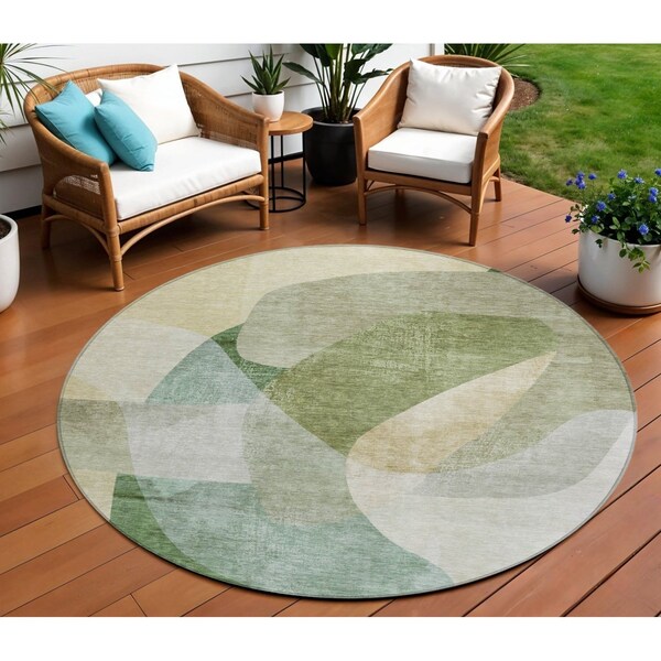 Homeroots 8' Artichoke Green And Taupe Round Abstract Washable Indoor Outdoor Area Rug 630425 - main