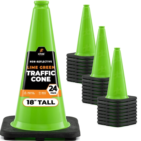 Xpose Safety Traffic Safety Cone, 18 in, Premium PVC, No Collar, Lime Green, 24 pk LTC18-24-X-S - main