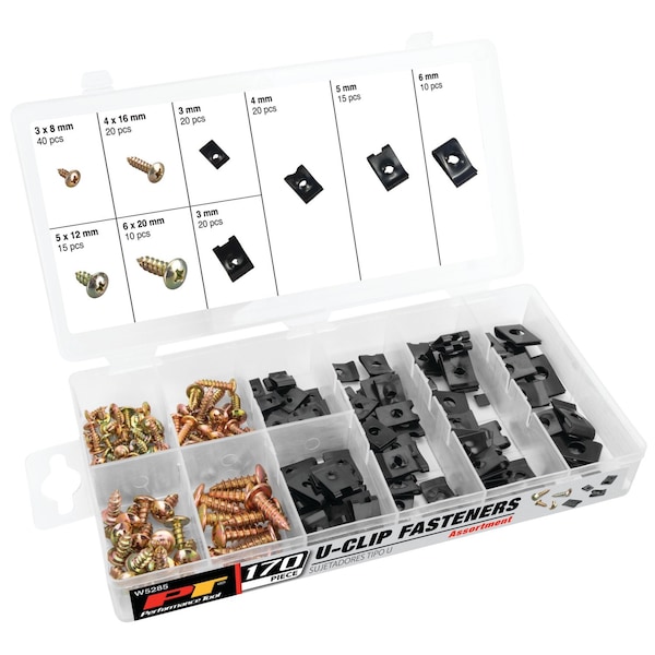 Performance Tool 170 pc. U-Clip Assortment, Door Panel Fasteners, Black Spring Steel, Case W5285 - main